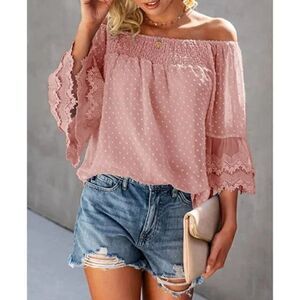Blush Pink Off Shoulder 3/4 Bell Sleeve Ruffle Polka Dot Blouse Top